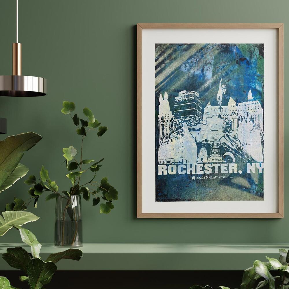 The 'Orchomenus' Monoprint Poster of the Rochester, NY Skyline Poster. 13 x 19"